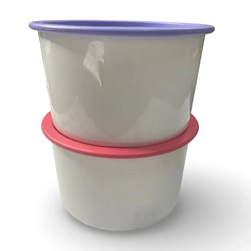 Tupperware One Touch Canister Set of 2 White 2708A Purple Pink Lid 2421A VTG